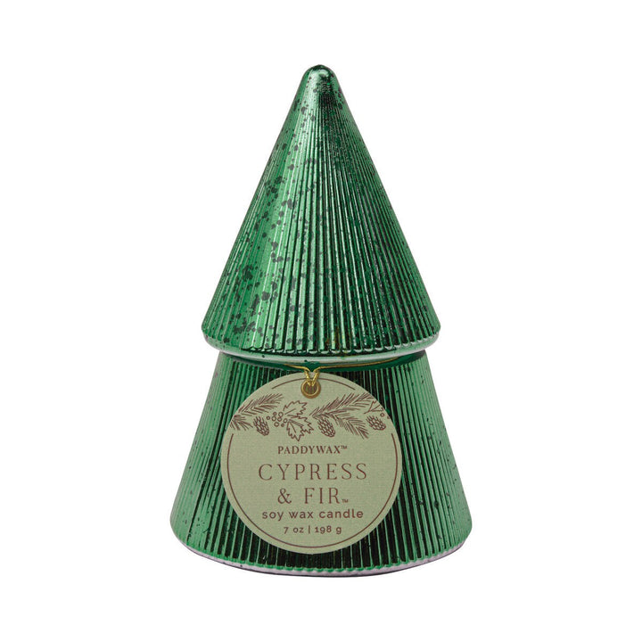 GREEN RIBBED MERCURY STACKED TREE CANDLE WITH LID  - CYPRESS & FIR 7OZ