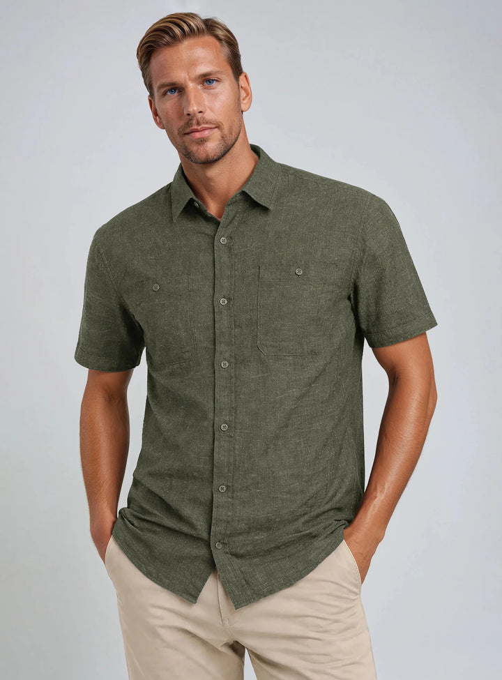 JON - SHORT-SLEEVE LINEN COTTON SLUB SHIRT "GUAVA"