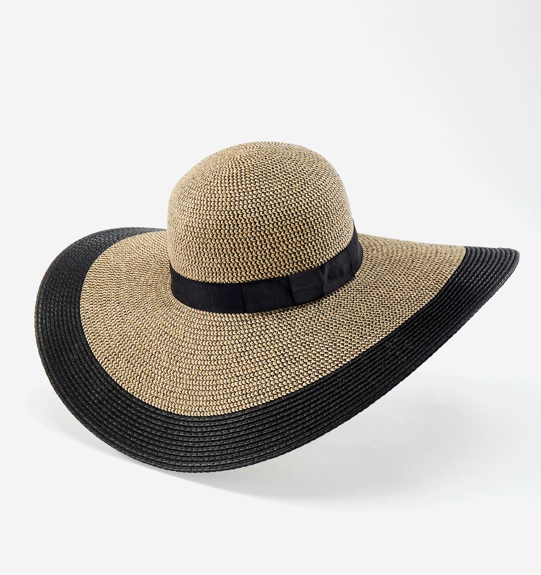 ADJUSTABLE WIDE-BRIM STRAW HAT "BLACK &amp; GREY"