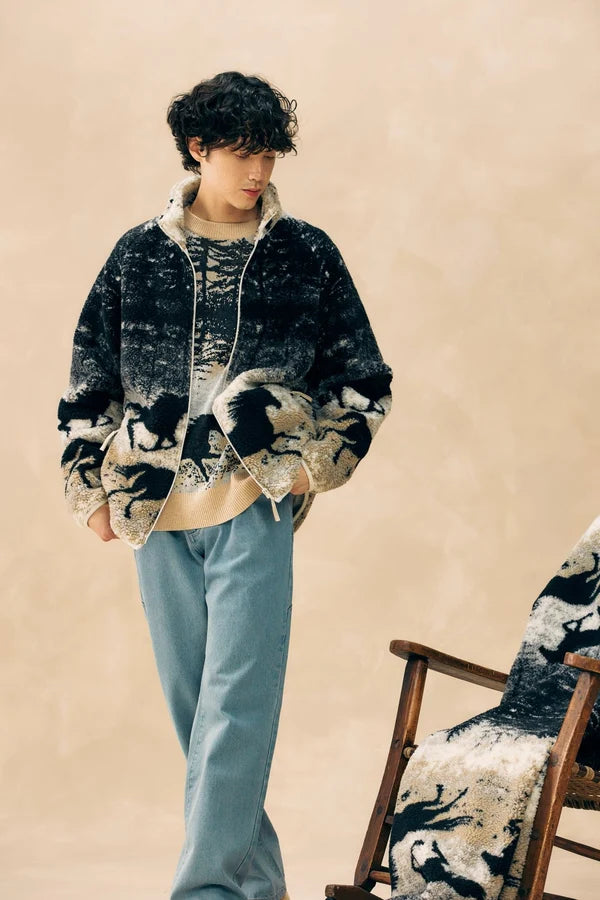 PRINTED SHERPA JACKET "WILD HORSES"