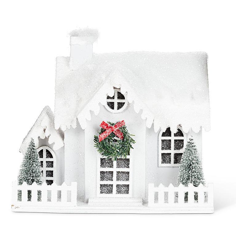 MEDIUM SNOWY HOUSE WITH LED LIGHTS - 5.5X8''W