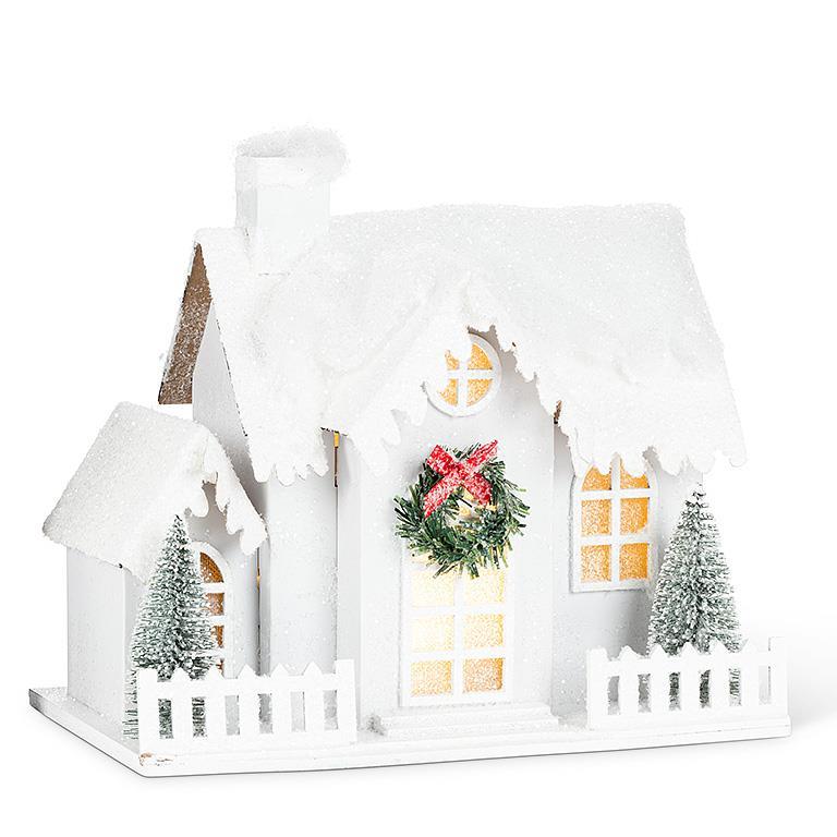 MEDIUM SNOWY HOUSE WITH LED LIGHTS - 5.5X8''W