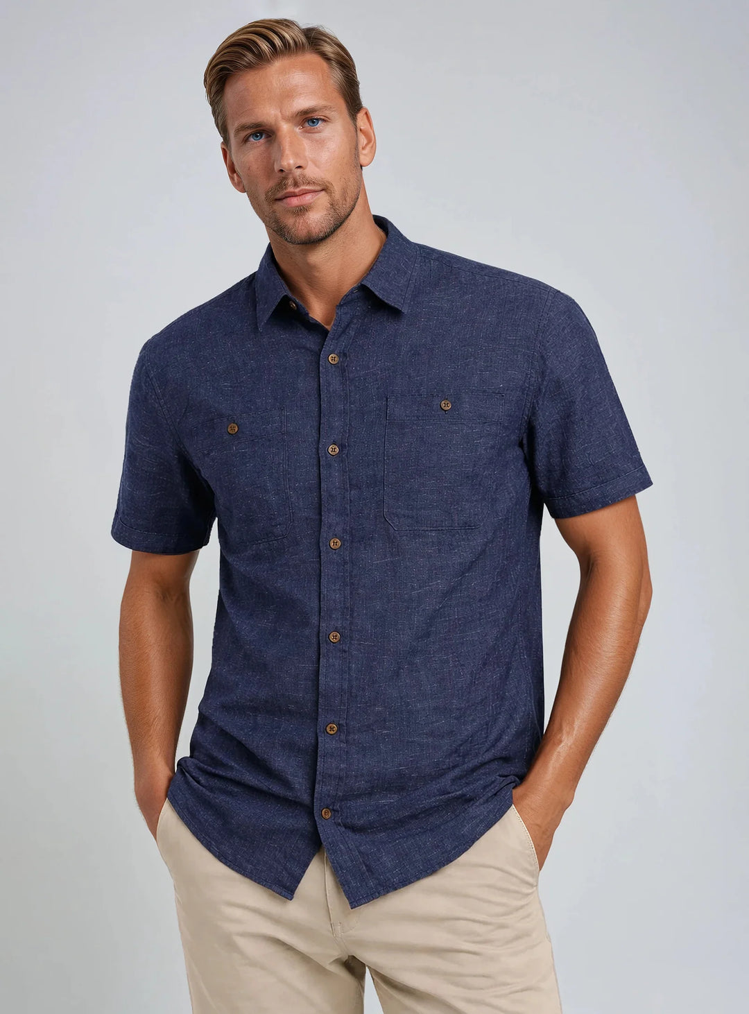 JON - SHORT-SLEEVE LINEN COTTON SLUB SHIRT "INDIGO MIX"
