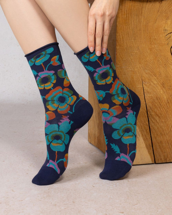 VELVETY SOCKS FLOWERS "INK"