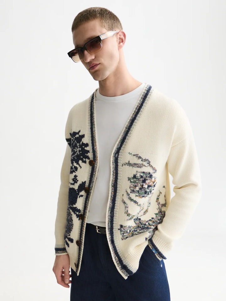 INTARSIA COTTON BLEND CARDIGAN "EGGNOG"
