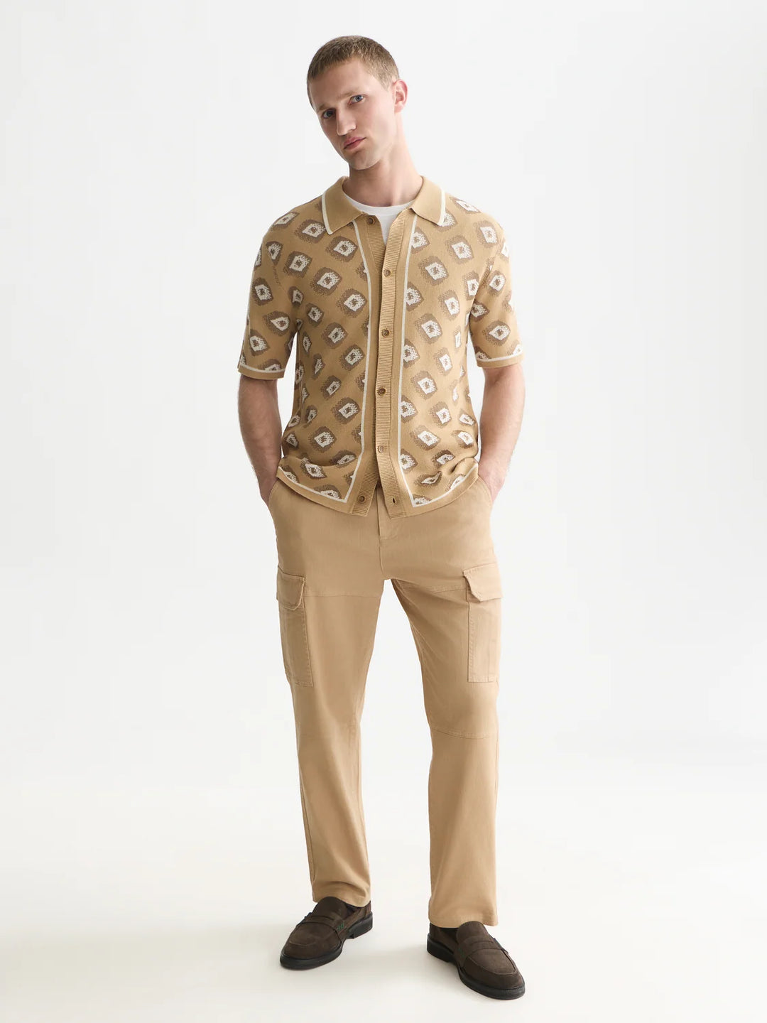 JACQUARD KNITTED SHORT SLEEVED SHIRT "GLITCH GEO TRAVERTINE"