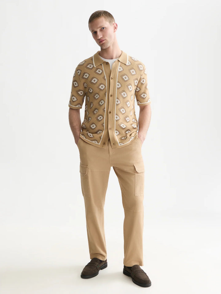 JACQUARD KNITTED SHORT SLEEVED SHIRT "GLITCH GEO TRAVERTINE"