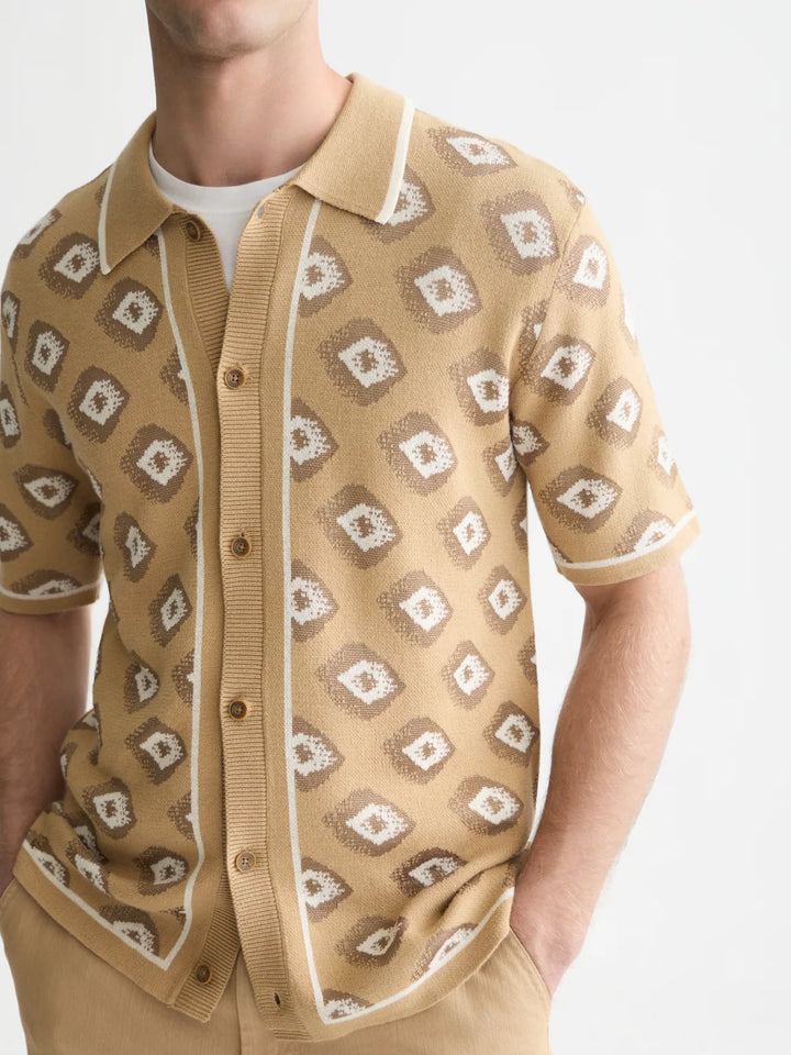 JACQUARD KNITTED SHORT SLEEVED SHIRT "GLITCH GEO TRAVERTINE"