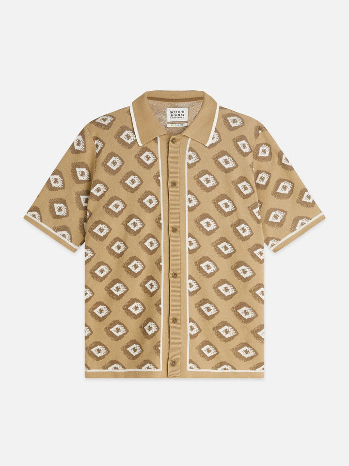 JACQUARD KNITTED SHORT SLEEVED SHIRT "GLITCH GEO TRAVERTINE"