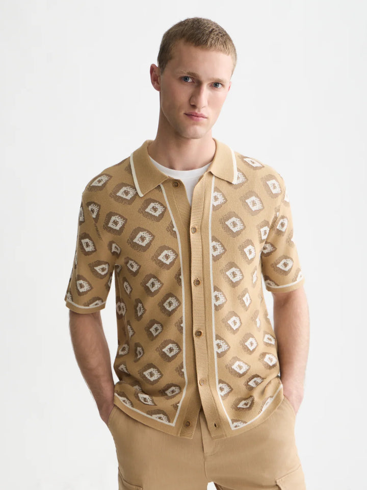 JACQUARD KNITTED SHORT SLEEVED SHIRT "GLITCH GEO TRAVERTINE"