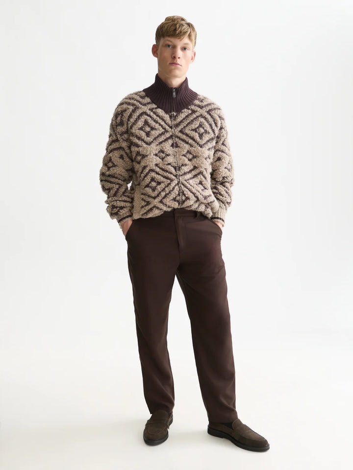 JACQUARD WOOL-BLEND ZIP-THROUGH RELAXED PULLOVER "WALNUT"