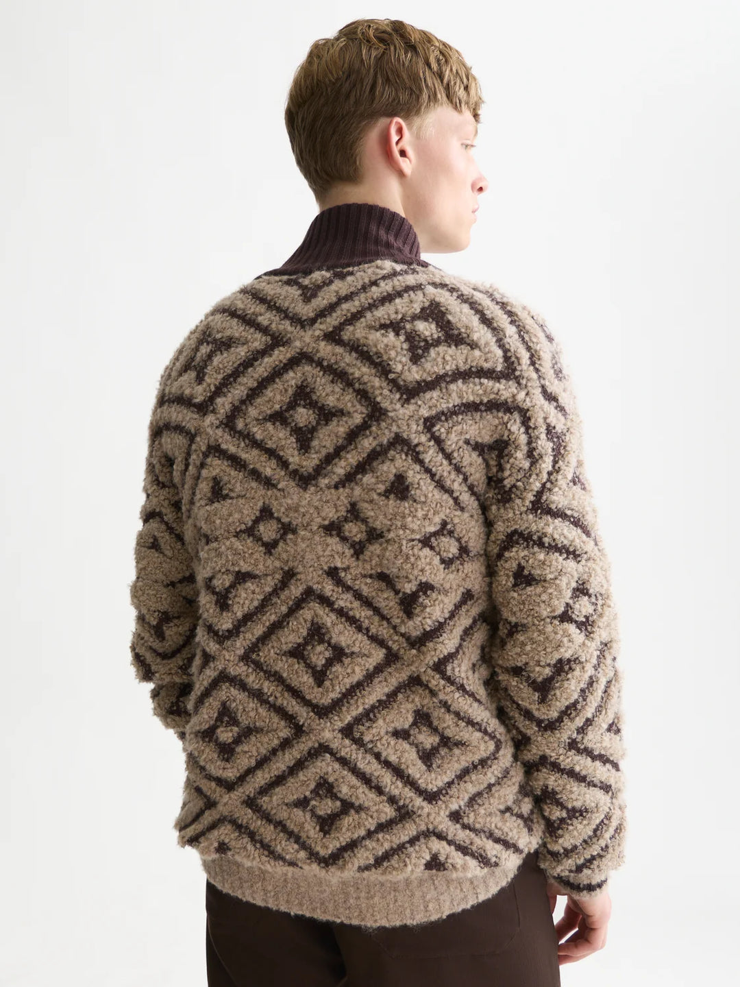 JACQUARD WOOL-BLEND ZIP-THROUGH RELAXED PULLOVER "WALNUT"