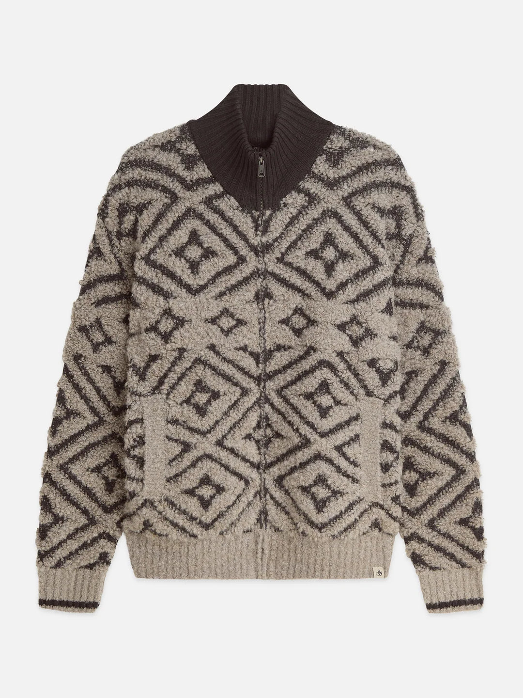 JACQUARD WOOL-BLEND ZIP-THROUGH RELAXED PULLOVER "WALNUT"