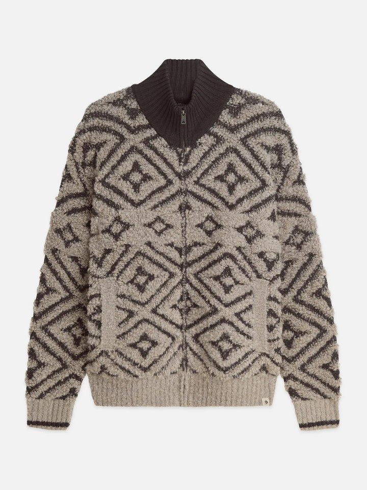 JACQUARD WOOL-BLEND ZIP-THROUGH RELAXED PULLOVER "WALNUT"