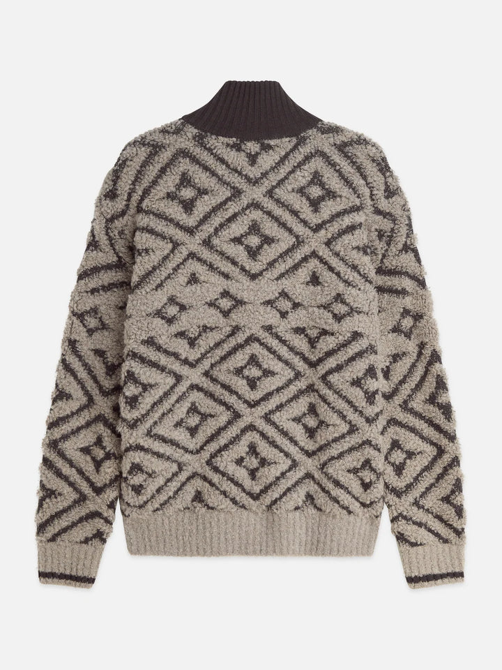 JACQUARD WOOL-BLEND ZIP-THROUGH RELAXED PULLOVER "WALNUT"