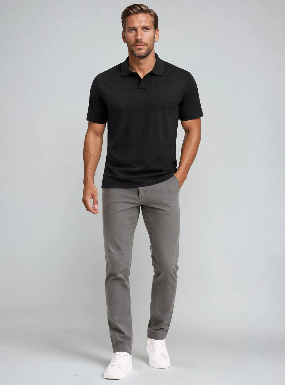 JAXON - SEMI-FIT STRETCH JOHNNY COLLAR T-SHIRT "BLACK"