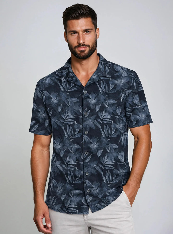 JULIEN - 4-WAY STRETCH FLORAL PRINT CUBAN COLLAR SHIRT "NAVY"