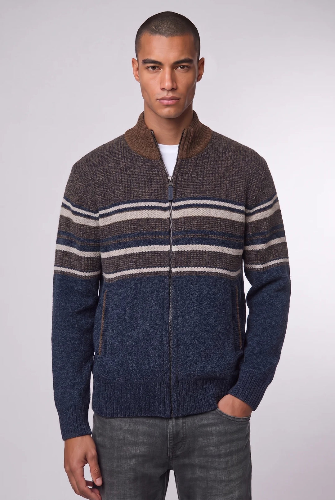 KNUD - FULL-ZIP MOCK-COLLAR BONDED CHENILLE SWEATER "NAVY/BARK"