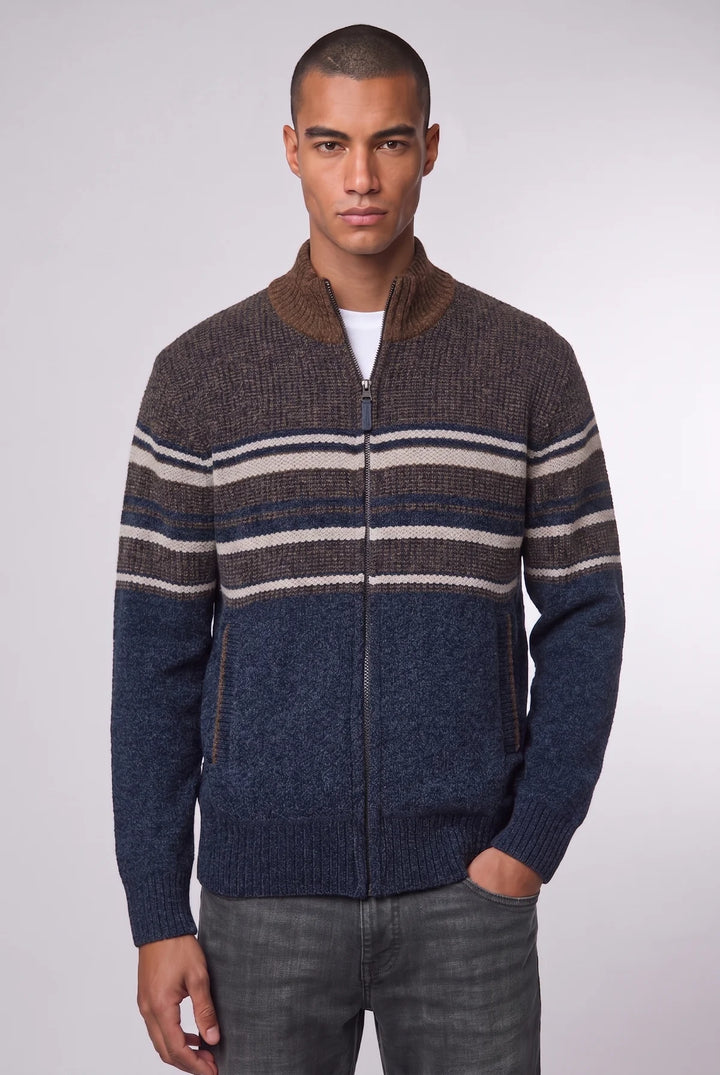 KNUD - FULL-ZIP MOCK-COLLAR BONDED CHENILLE SWEATER "NAVY/BARK"