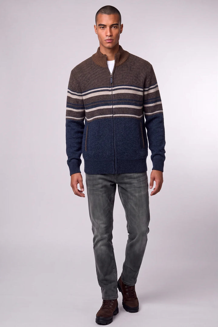 KNUD - FULL-ZIP MOCK-COLLAR BONDED CHENILLE SWEATER "NAVY/BARK"