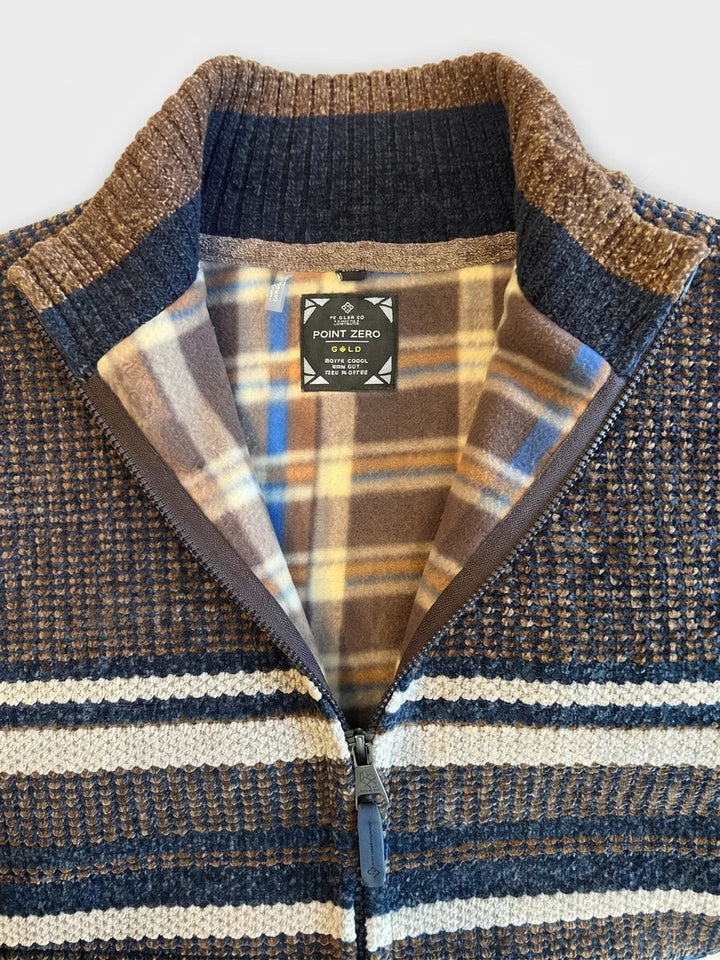 KNUD - FULL-ZIP MOCK-COLLAR BONDED CHENILLE SWEATER "NAVY/BARK"