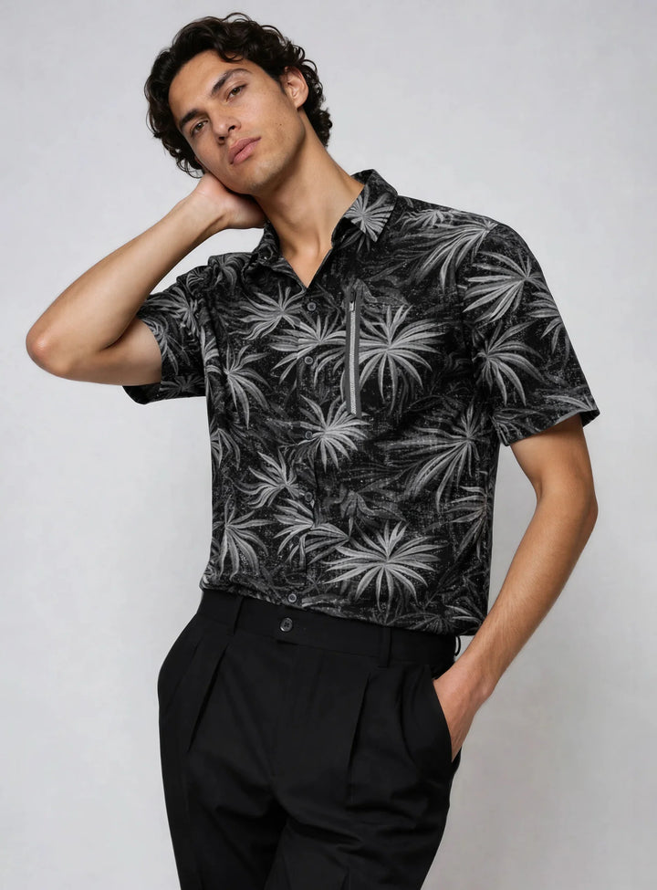 LENG - 4-WAY STRETCH LEAF PRINT SHORT-SLEEVE SHIRT "BLACK"