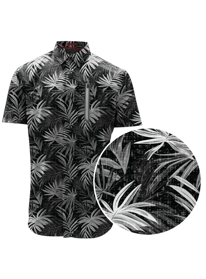 LENG - 4-WAY STRETCH LEAF PRINT SHORT-SLEEVE SHIRT "BLACK"