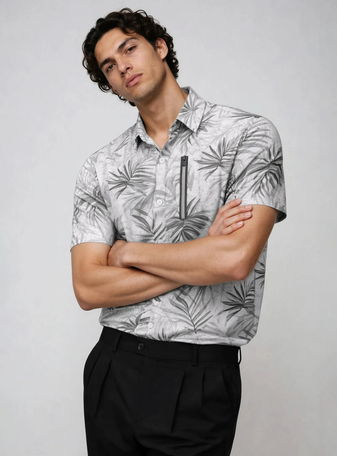 LENG - 4-WAY STRETCH LEAF PRINT SHORT-SLEEVE SHIRT "CHROME"