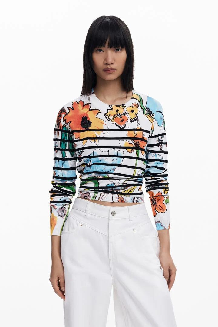 LENKES STRIPED AND FLORAL SWEATER