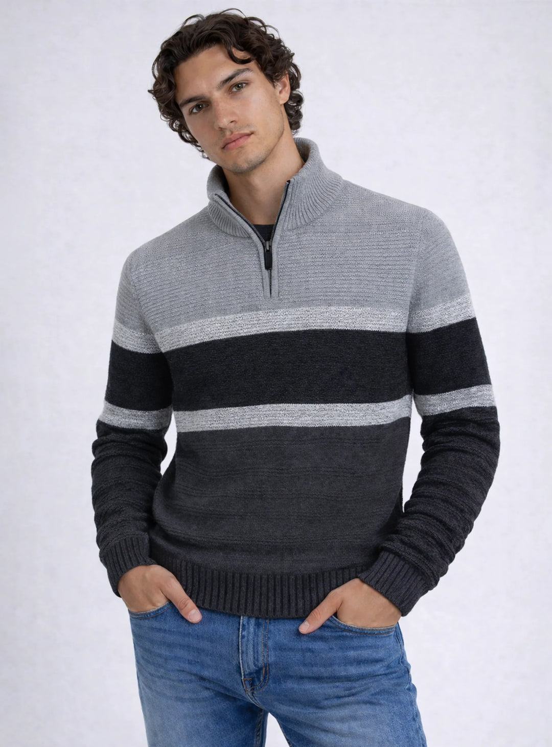LENNY - RAISED-STRIPE QUARTER-ZIP SWEATER "GREY MIX"