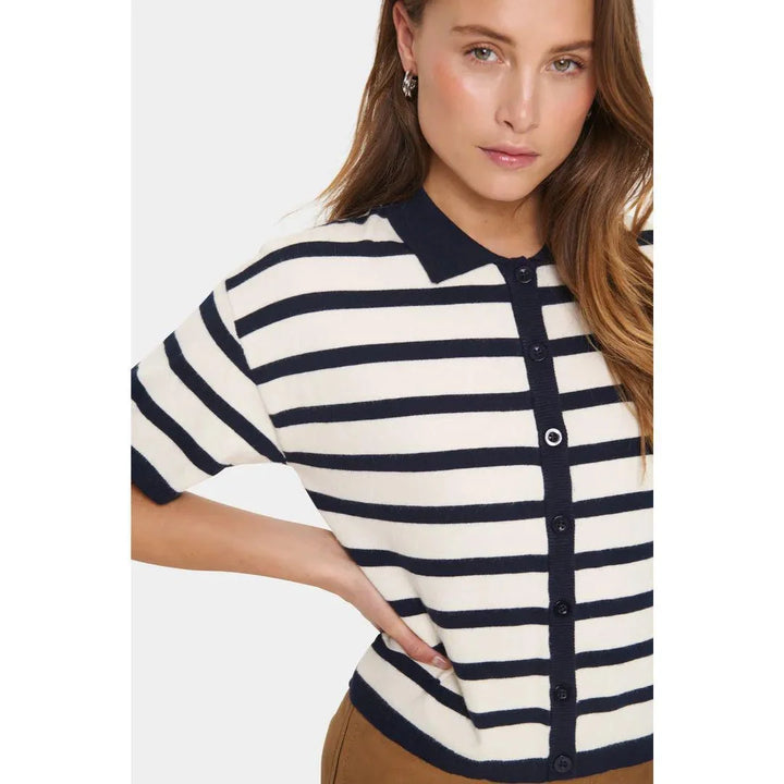 LIKAMSZ STRIPED POLO CARDIGAN - WINTER WHITE / NIGHT