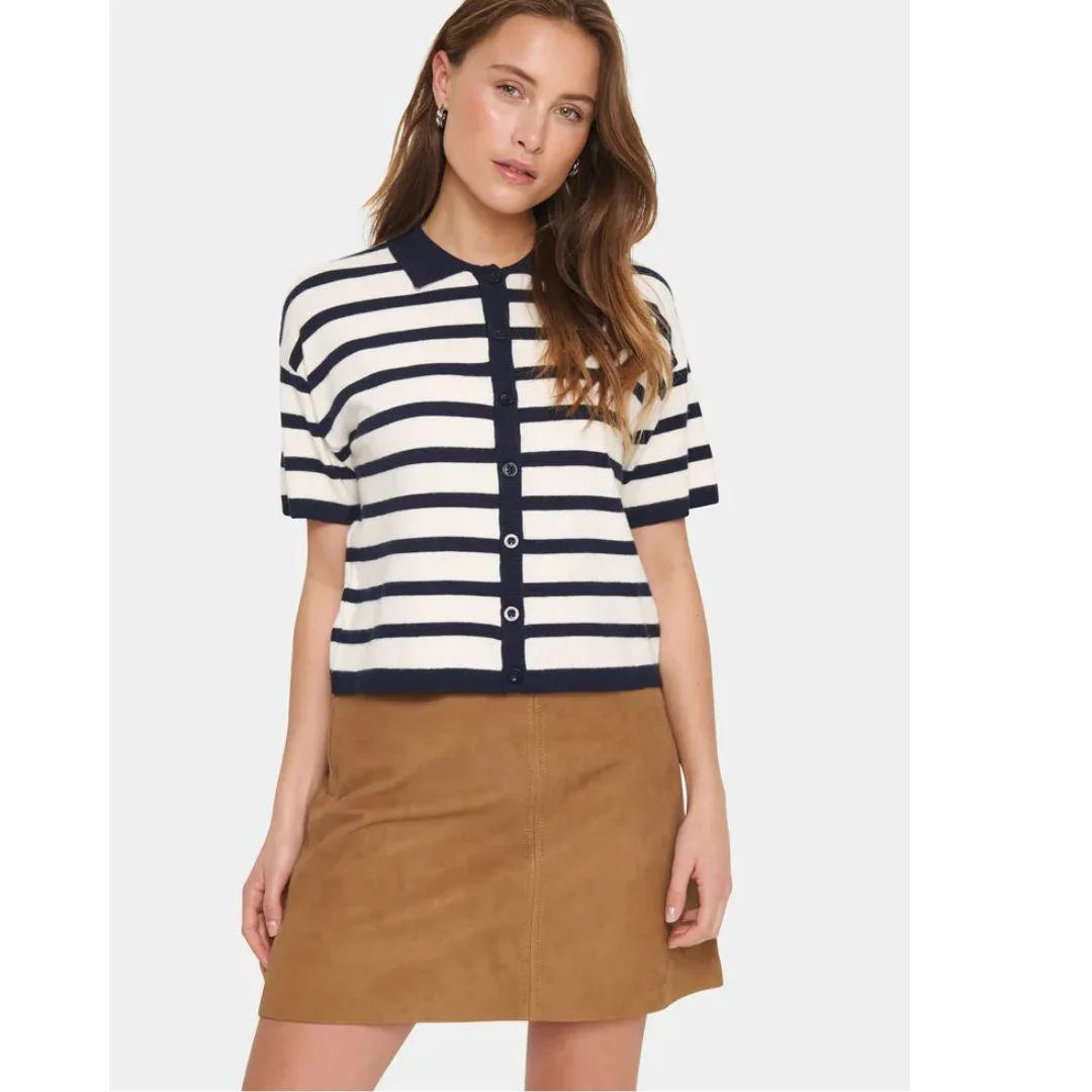 LIKAMSZ STRIPED POLO CARDIGAN - WINTER WHITE / NIGHT