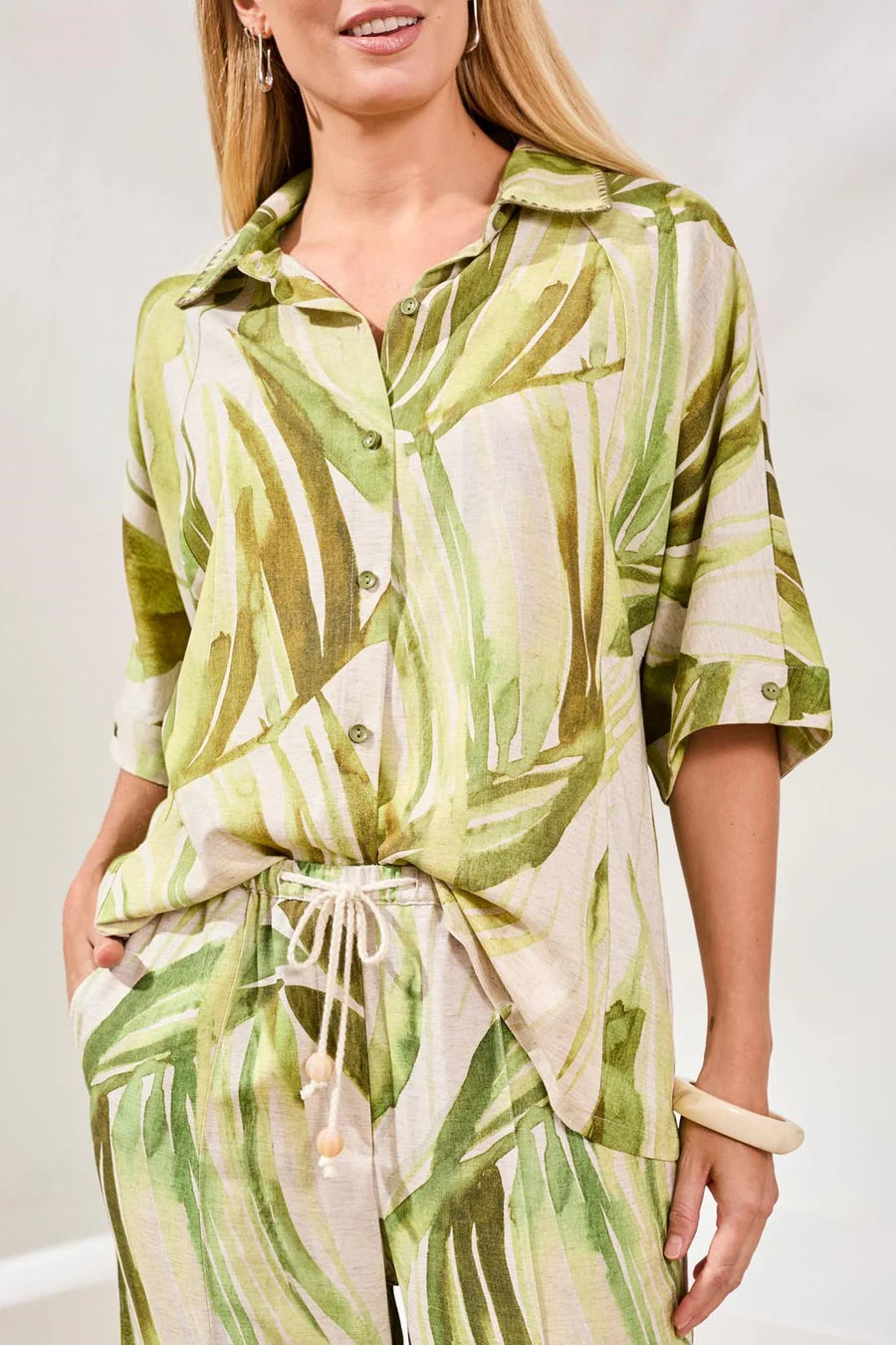 FLOWY LINEN DOLMAN ELBOW SLEEVE BLOUSE "MINTLEAF"