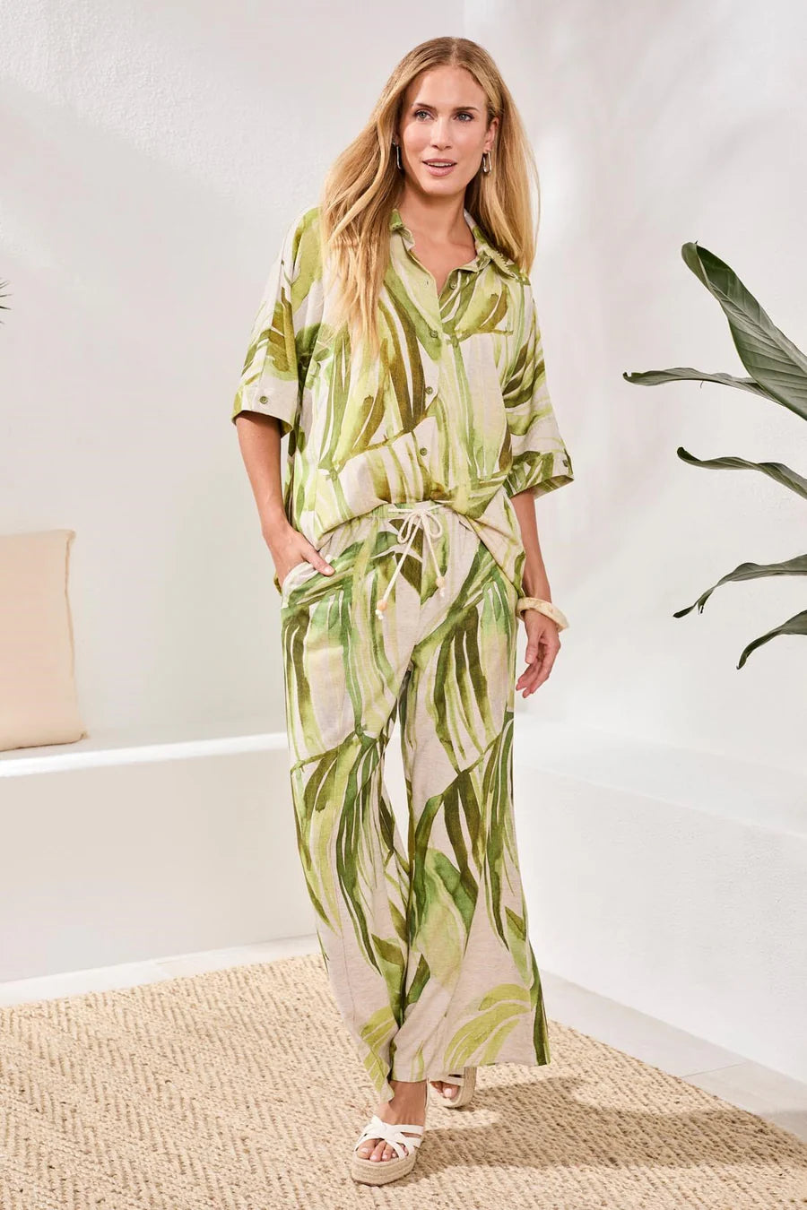 FLOWY LINEN DOLMAN ELBOW SLEEVE BLOUSE "MINTLEAF"