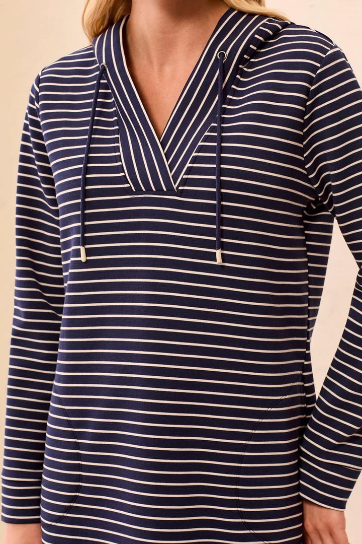 TECHNO LUX STRIPED V-NECK HOODED SHIFT DRESS "JET BLUE"