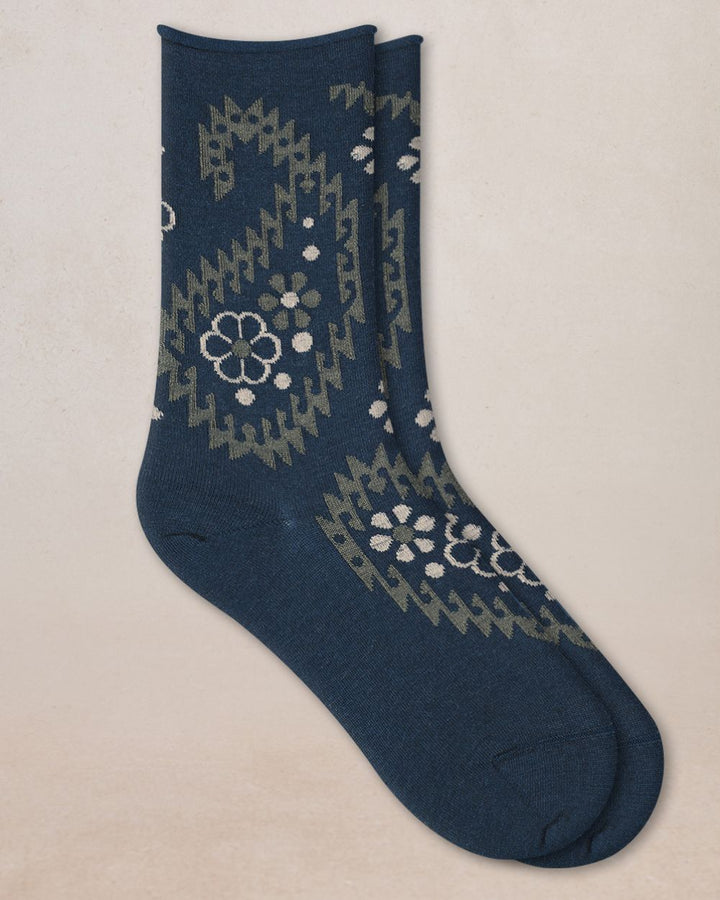 FINE WOOL SOCKS CASHMERE FLOWERS "MARINE"