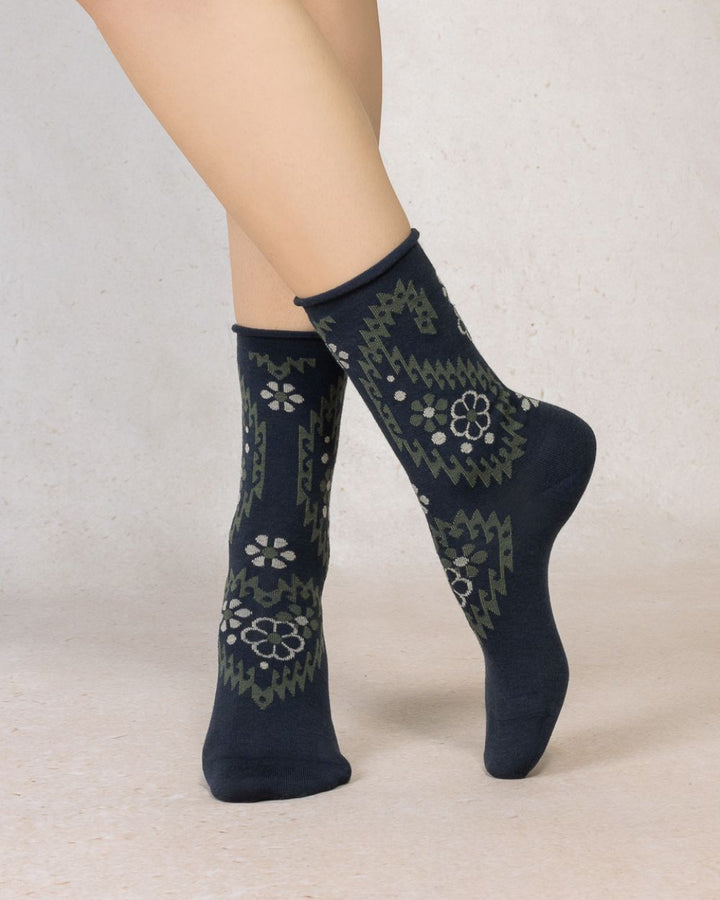 FINE WOOL SOCKS CASHMERE FLOWERS "MARINE"