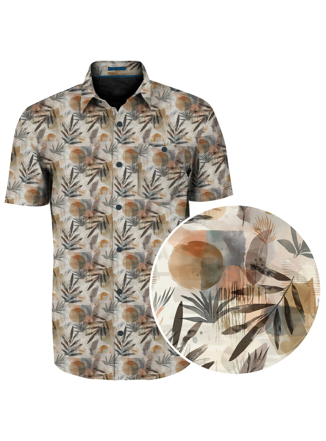 MICHAEL - 4 WAY STRETCH CHEST POCKET SHIRT WITH WATERCOLOUR LEAVES PRINT "BRULEE"