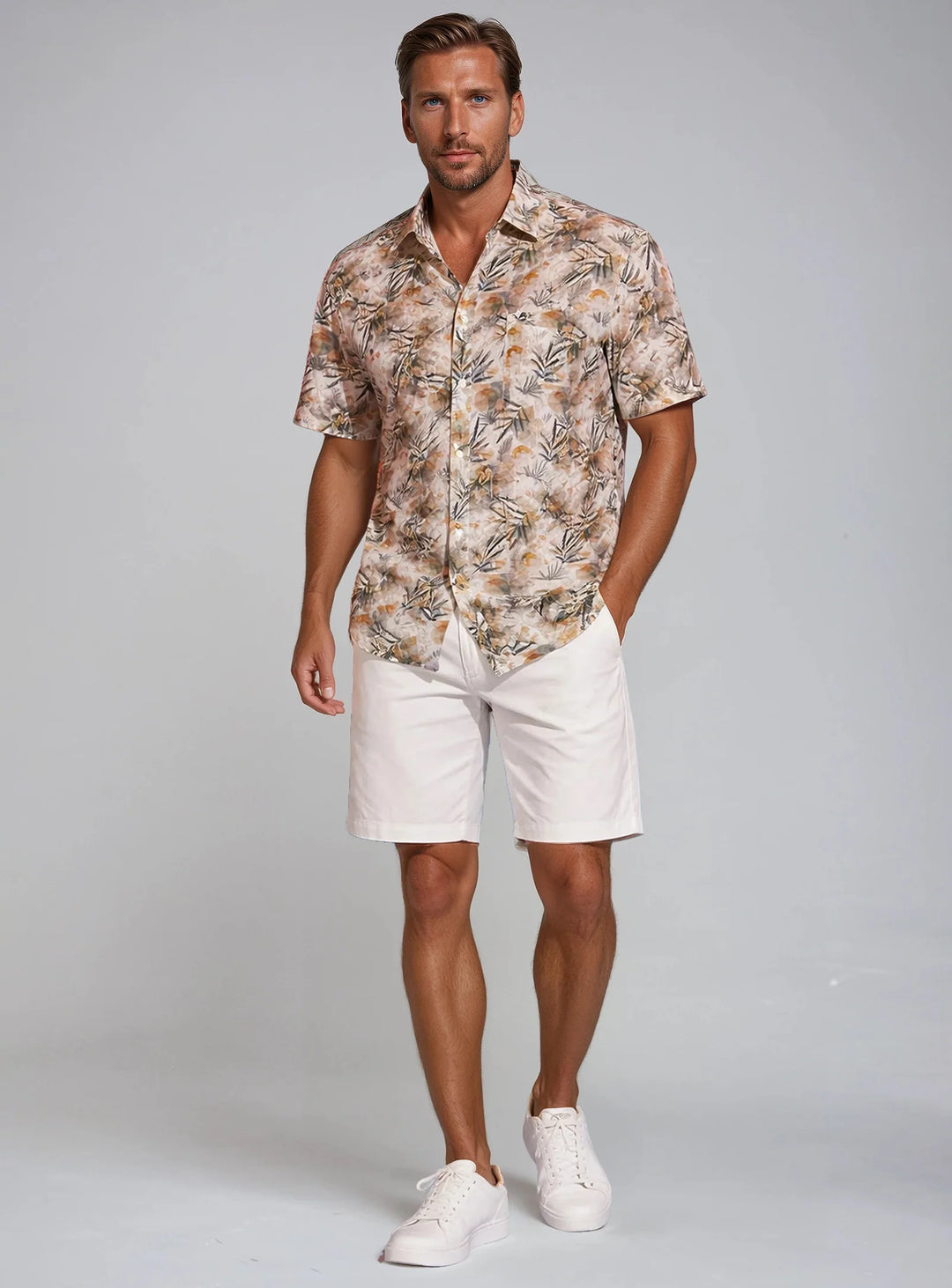 MICHAEL - 4 WAY STRETCH CHEST POCKET SHIRT WITH WATERCOLOUR LEAVES PRINT "BRULEE"