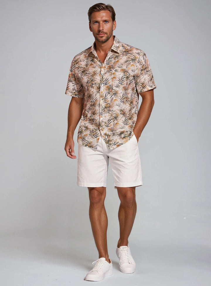 MICHAEL - 4 WAY STRETCH CHEST POCKET SHIRT WITH WATERCOLOUR LEAVES PRINT "BRULEE"