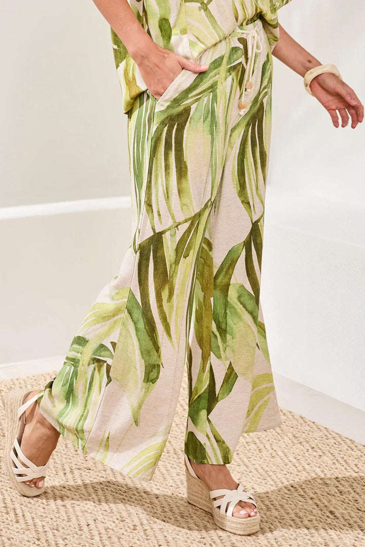 FLOWY LINEN FLARE PANTS WITH DRAWCORD WAIST "MINTLEAF"