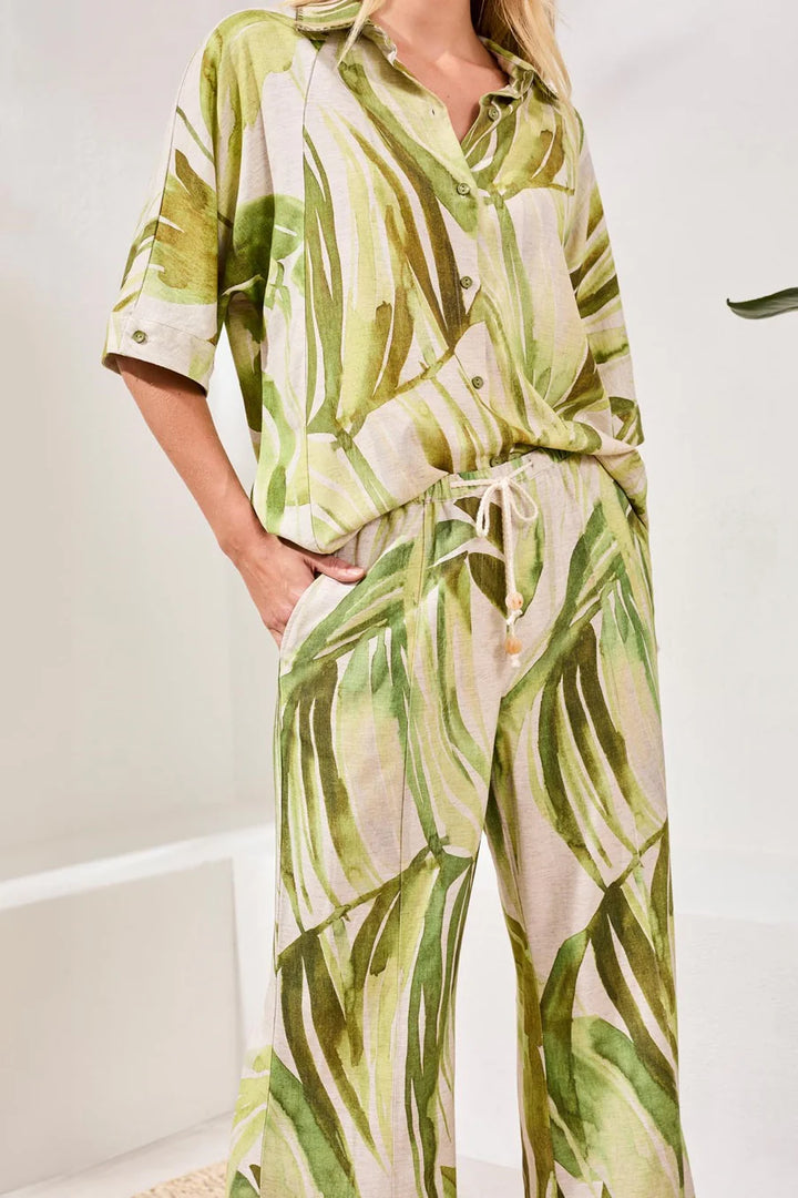 FLOWY LINEN FLARE PANTS WITH DRAWCORD WAIST "MINTLEAF"