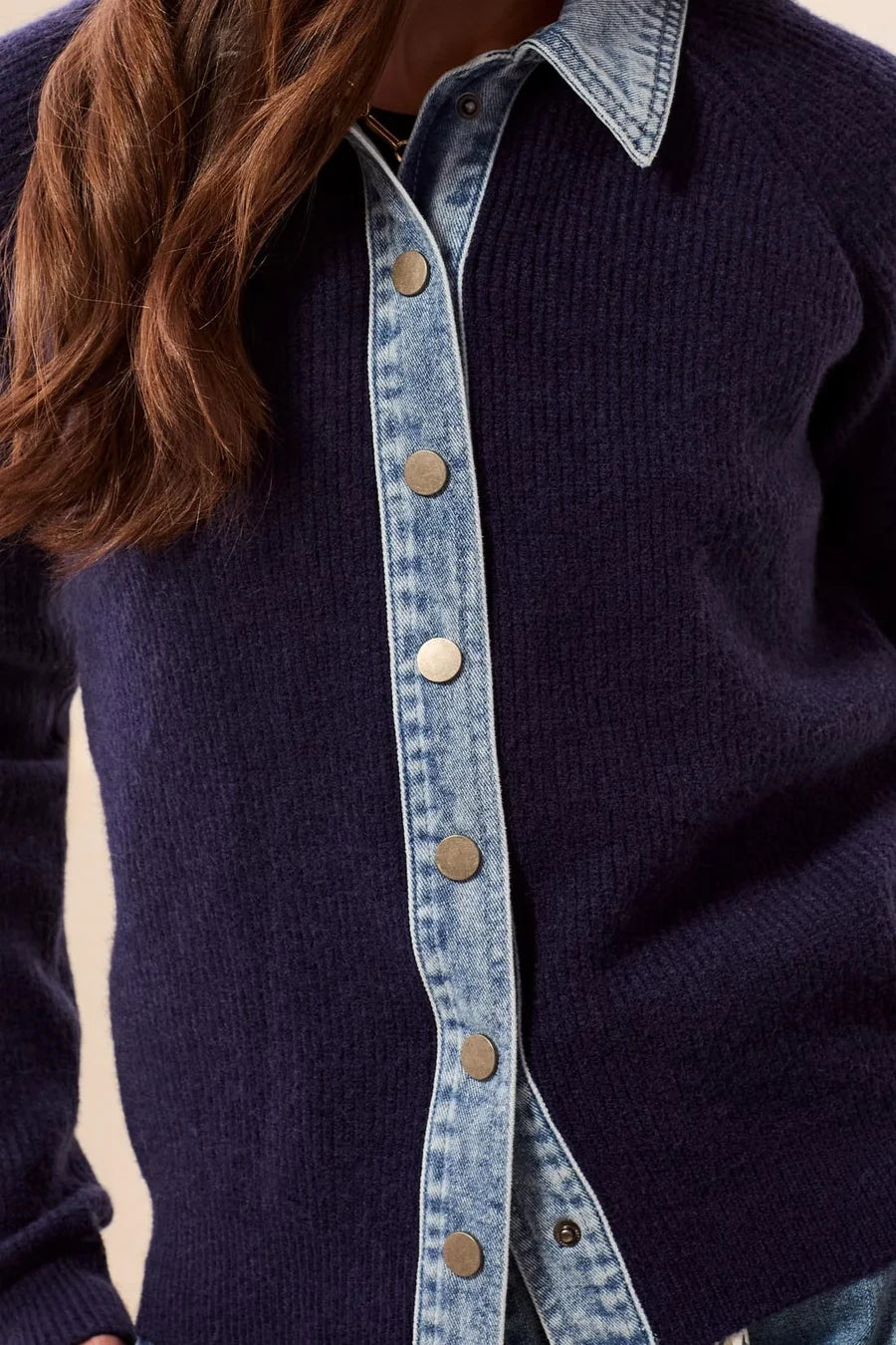 MIXED MEDIA SWEATER JACKET WITH DENIM TRIM DETAIL "NIGHTFALL"