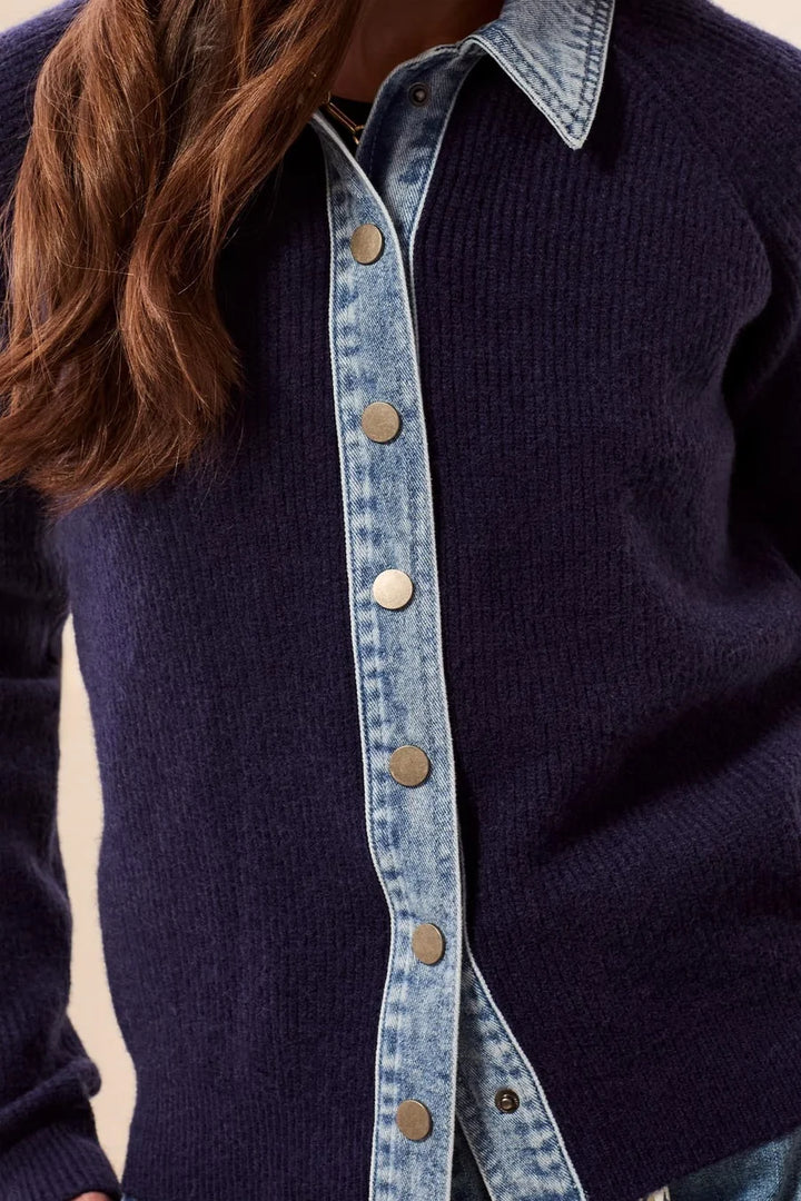 MIXED MEDIA SWEATER JACKET WITH DENIM TRIM DETAIL "NIGHTFALL"