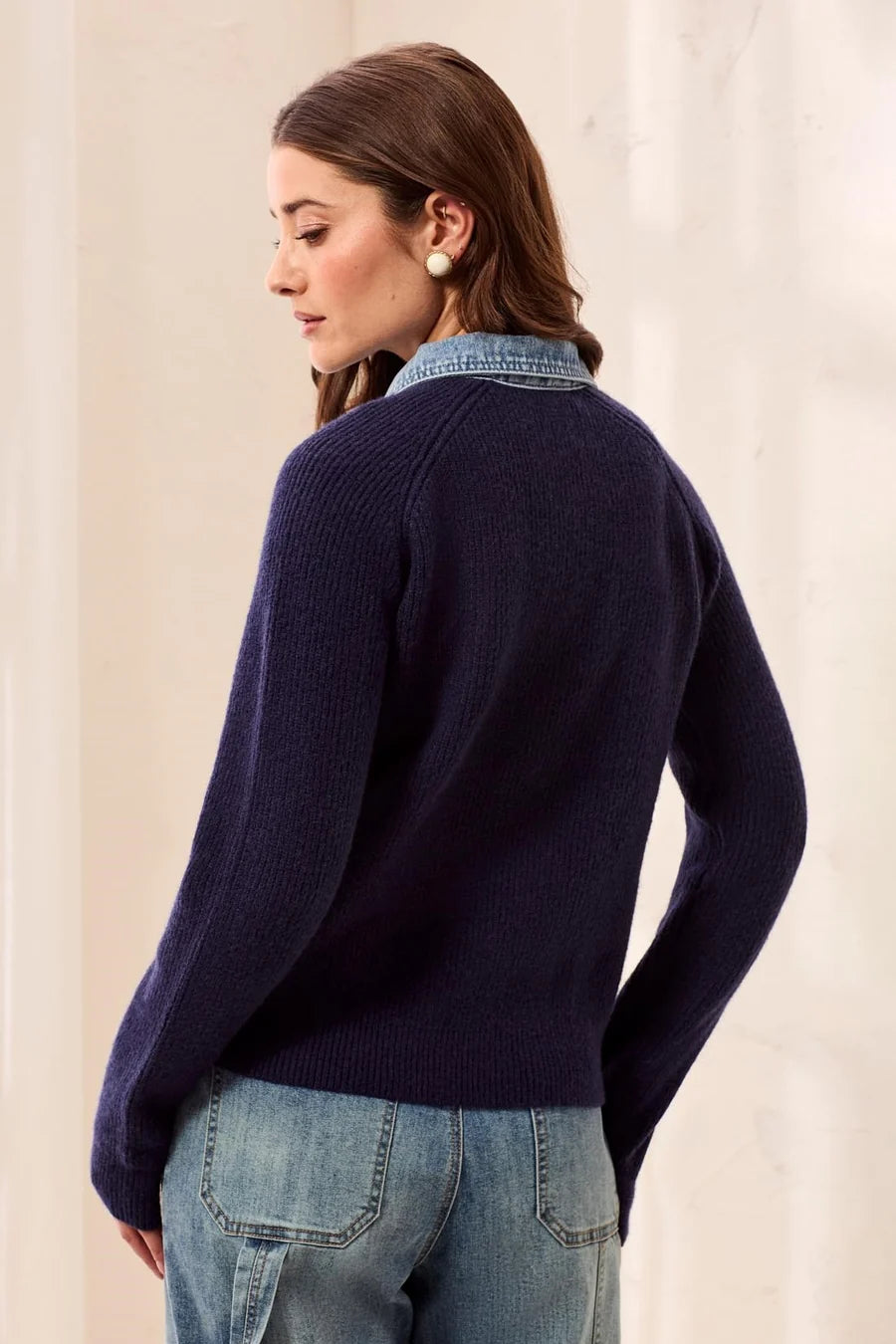 MIXED MEDIA SWEATER JACKET WITH DENIM TRIM DETAIL "NIGHTFALL"