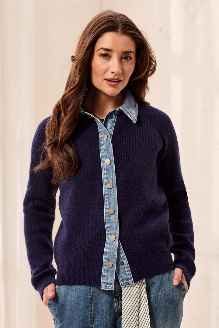 MIXED MEDIA SWEATER JACKET WITH DENIM TRIM DETAIL "NIGHTFALL"