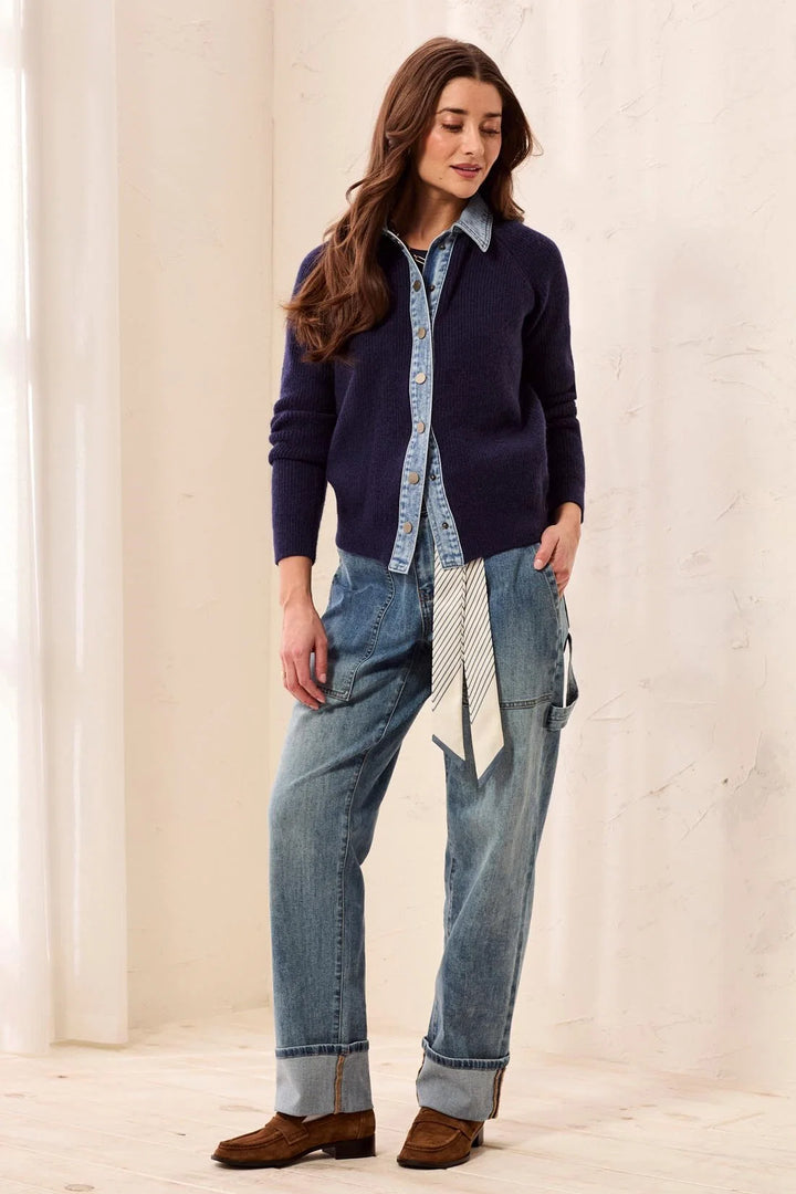 MIXED MEDIA SWEATER JACKET WITH DENIM TRIM DETAIL "NIGHTFALL"