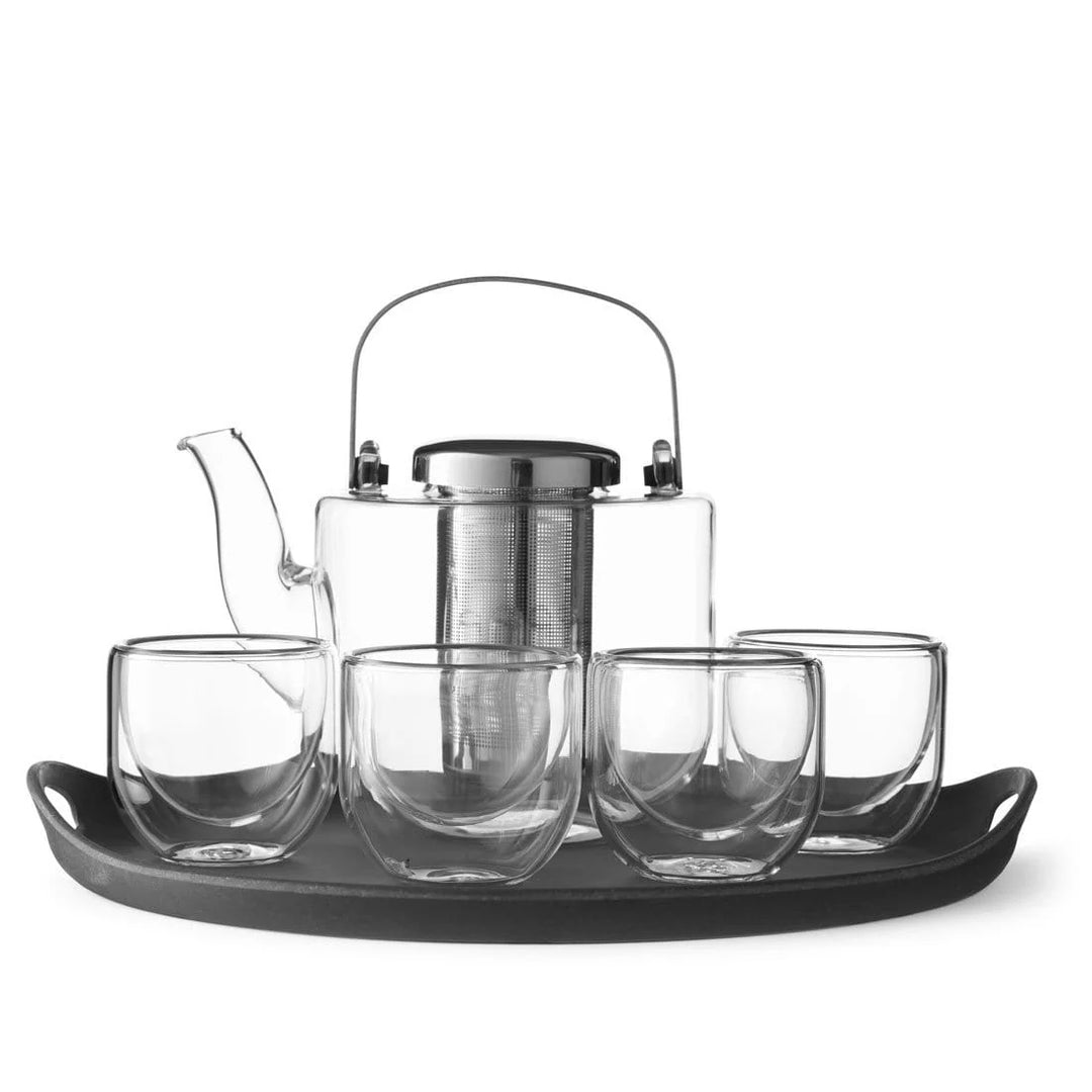 BJORN TEA SET - GLASS TEAPOT .65L & 4 GLASS CUPS WITH WOOD TRAY