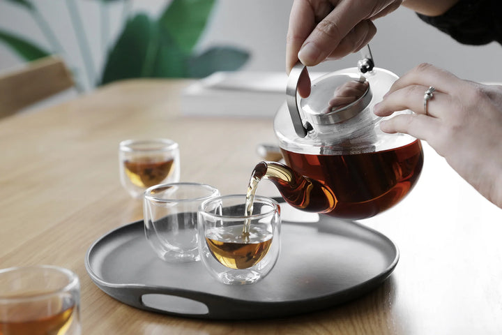 BJORN TEA SET - GLASS TEAPOT .65L & 4 GLASS CUPS WITH WOOD TRAY