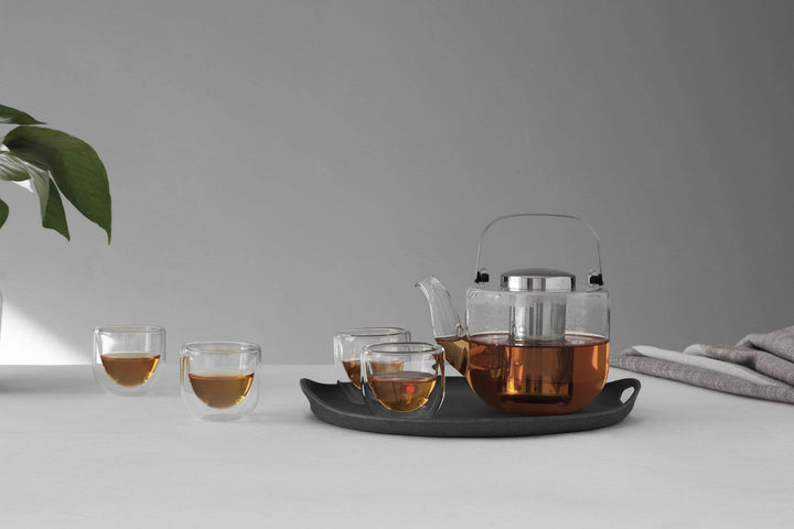 BJORN TEA SET - GLASS TEAPOT .65L & 4 GLASS CUPS WITH WOOD TRAY